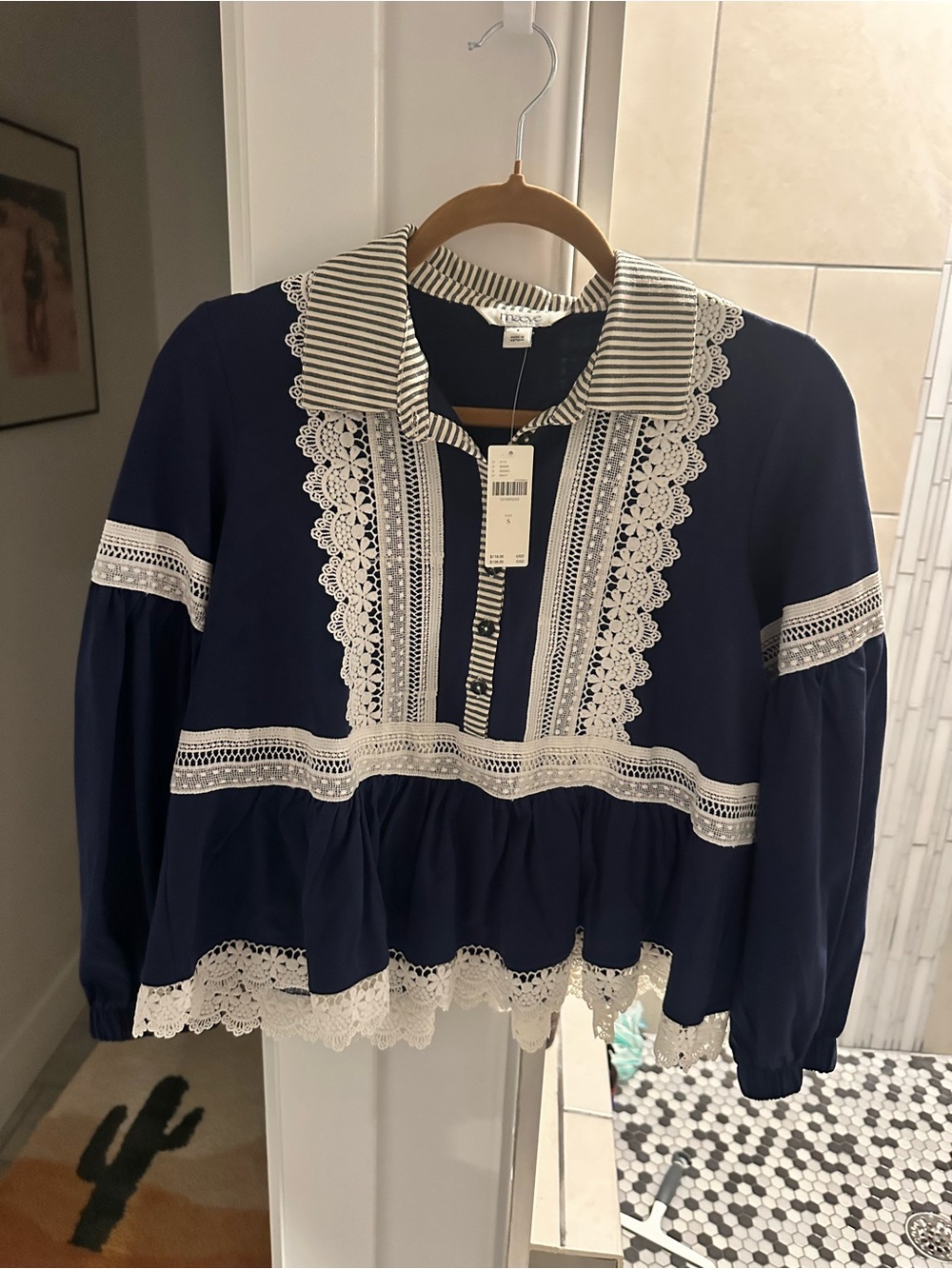Anthropologie Navy Blouse with White Lace Trim